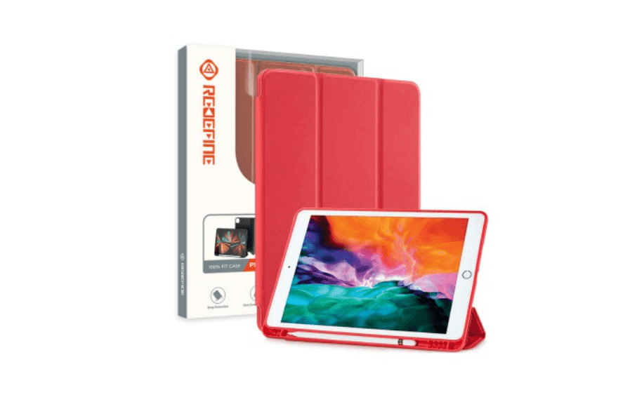 Built-in pencil holder with easy charging access. TPU back, microfiber lining, and PU leather protect iPad. Trifold stand for stable viewing and typing. Side opening supports touch ID; magnetic strip enables auto wake/sleep to save battery.