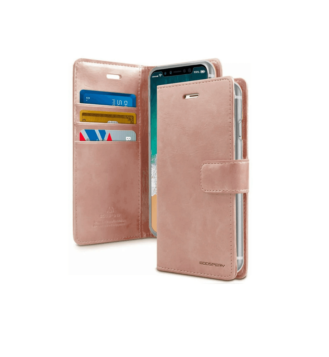 Stylish wallet case with credit card slots, a bill pocket, and a media stand. Magnetic clasp for secure closure, synthetic leather and TPU for drop protection. Precise cut-outs allow full device use and phone calls with cover closed.